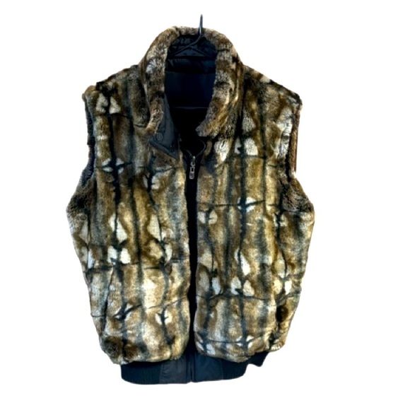 Sean John vest Y2K Faux Fur Reversible full front zip black brown tan Medium - Picture 5 of 16
